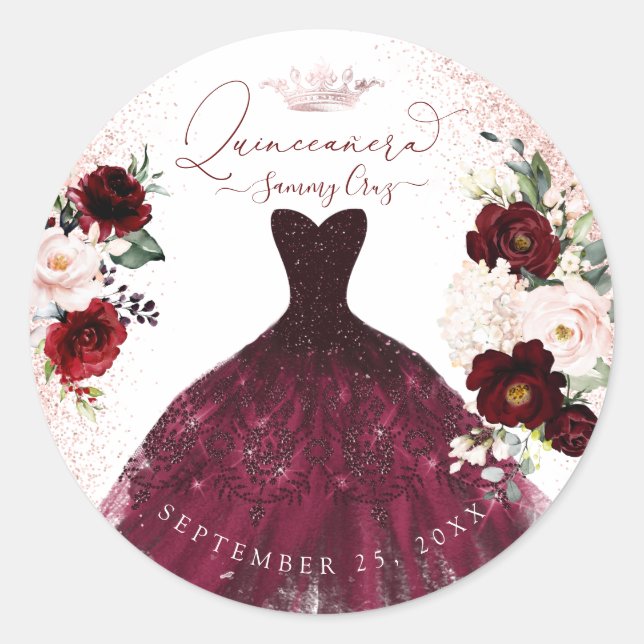 Quinceanera Blush Burgundy Watercolor Flowers Clas Classic Round Sticker (Front)