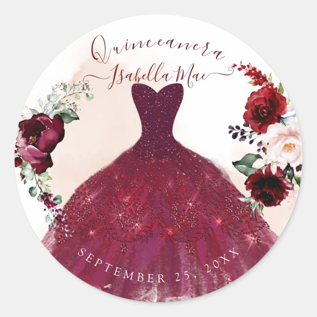 Quinceanera Blush Burgundy Watercolor Flowers Classic Round Sticker (Front)