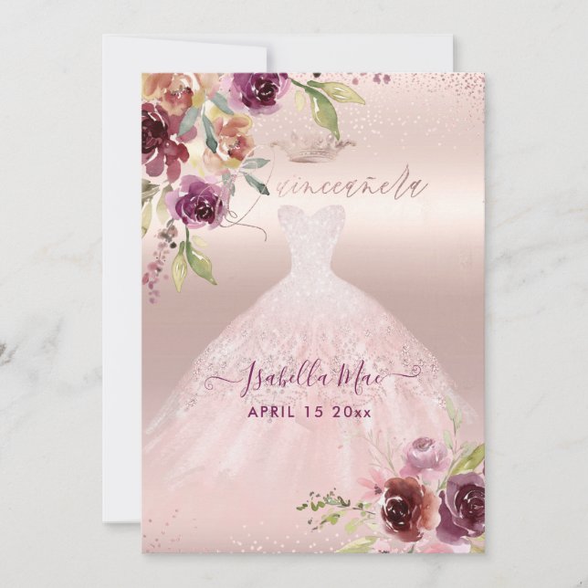 Quinceanera Blush Burgundy Watercolor Flowers Invitation (Front)
