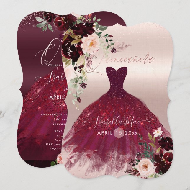 Quinceanera Blush Burgundy Watercolor Flowers Invitation (Front/Back)