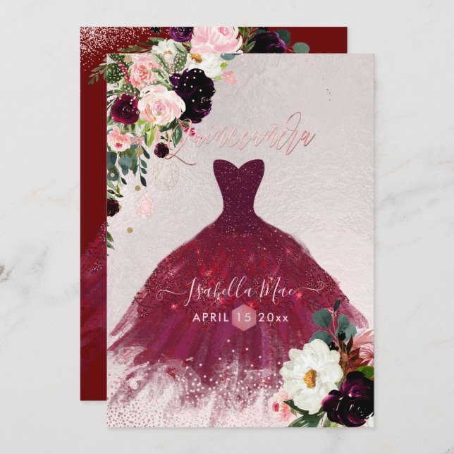 Quinceanera Blush Burgundy Watercolor Flowers Invitation (Front/Back)