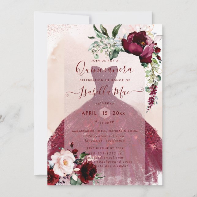 Quinceanera Blush Burgundy Watercolor Flowers Invitation (Back)