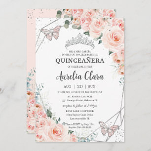 Quinceañera Blush Floral Butterflies Silver Crown Invitation