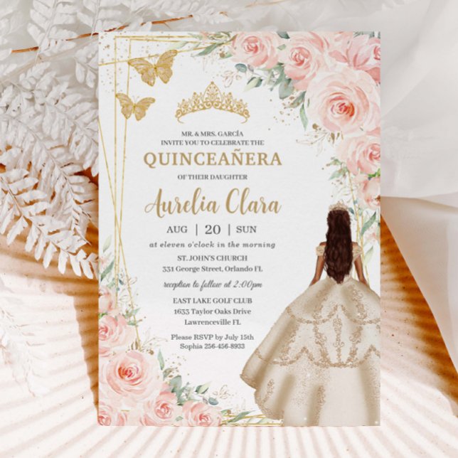 Quinceanera Blush Floral Champagne Dress Gown Invitation (Creator Uploaded)