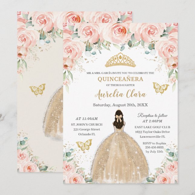 Quinceañera Blush Floral Champagne Dress Princess Invitation (Front/Back)