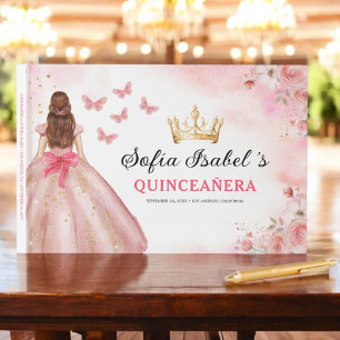 Quinceañera Blush Floral Princess Butterflies Gold Guest Book