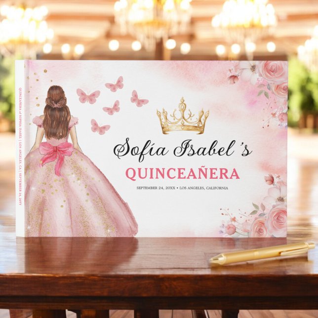 Quinceañera Blush Floral Princess Butterflies Gold Guest Book (Creator Uploaded)