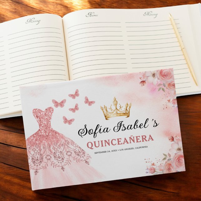 Quinceañera Blush Floral Princess Butterflies Gold Guest Book (Creator Uploaded)