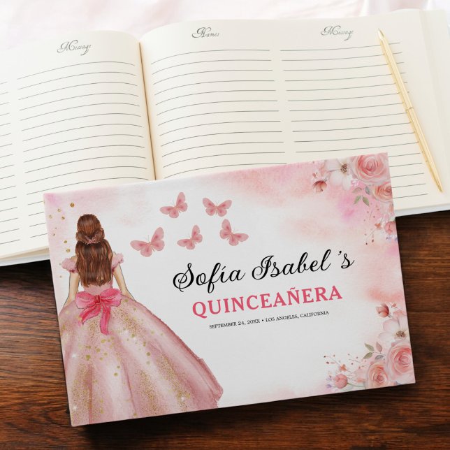 Quinceañera Blush Floral Princess Butterflies Gold Guest Book (Creator Uploaded)