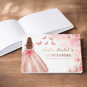Quinceañera Blush Floral Princess Butterflies Gold Guest Book