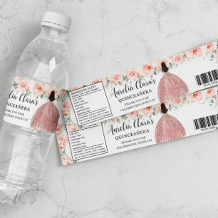 Quinceañera Blush Floral Princess Sweet Birthday Water Bottle Label