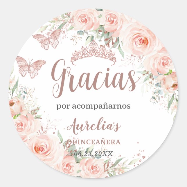 Quinceañera Blush Floral Rose Gold Butterflies Classic Round Sticker (Front)