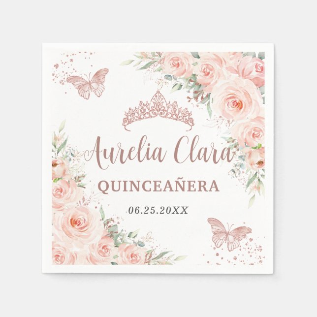 Quinceanera Blush Floral Rose Gold Butterflies Napkin (Front)