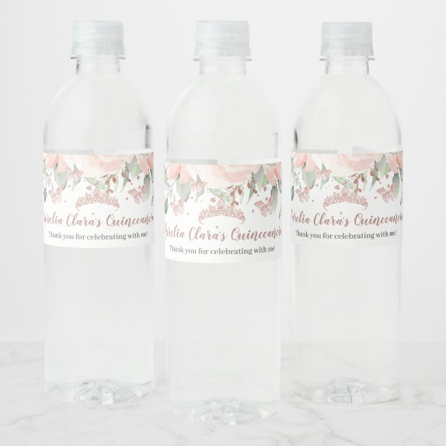 Quinceañera Blush Floral Rose Gold Butterflies  Water Bottle Label (Bottles)