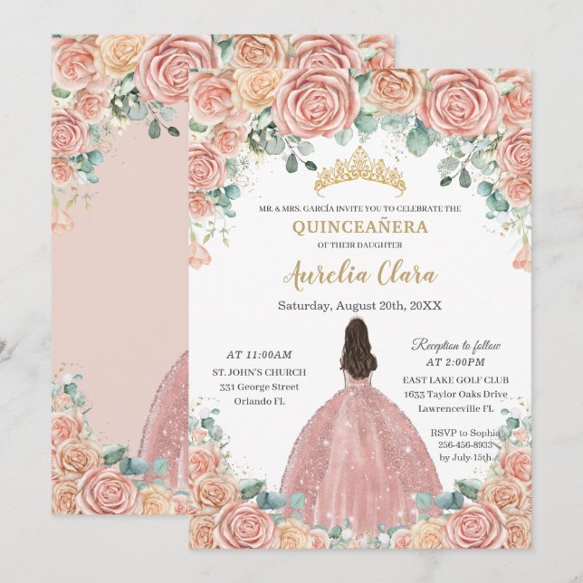 Quinceañera Blush Floral Rose Gold Dress Princess Invitation (Front/Back)