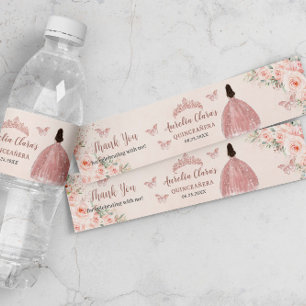 Quinceañera Blush Floral Rose Gold Dress Princess Water Bottle Label
