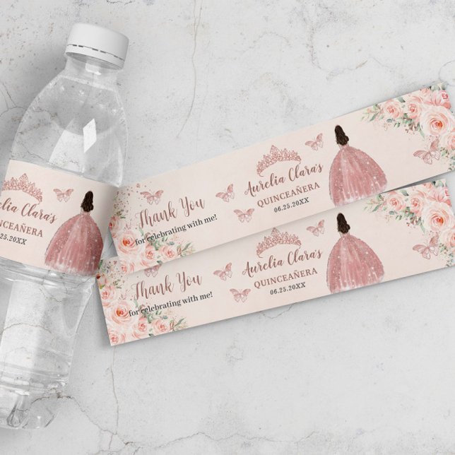 Quinceañera Blush Floral Rose Gold Dress Princess Water Bottle Label (Creator Uploaded)
