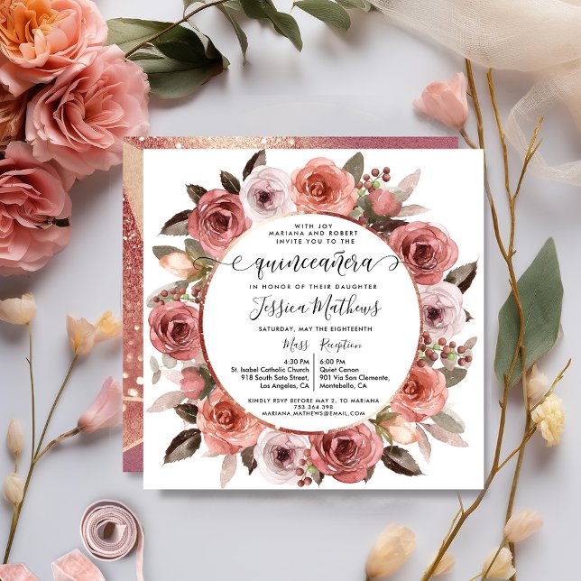 Quinceanera Blush Floral Rose Gold Floral Invitation (Creator Uploaded)