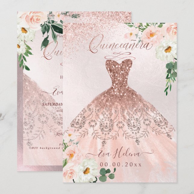 Quinceañera, Blush Floral Sparkle Gown Rose Gold Invitation (Front/Back)