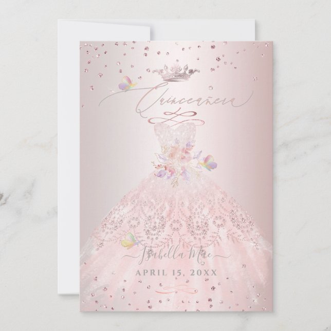 Quinceanera Blush Glitter Gown Sweet Peas Invitation (Front)