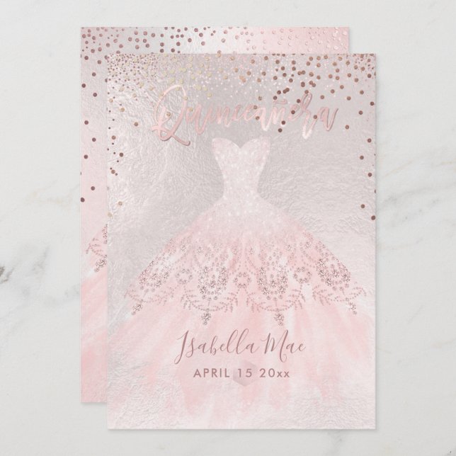 Quinceanera Blush Gown+Confetti Iridescent Bckgrnd Invitation (Front/Back)
