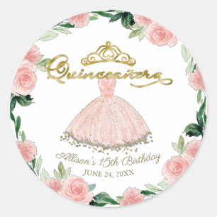 Quinceanera Blush Gown Pink Floral Classic Round S Sticker