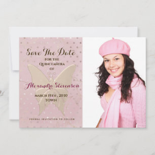 Quinceanera Blush Pink and Gold Butterfly Photo Save The Date