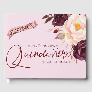 Quinceanera Blush Pink Burgundy Floral Birthday Guest Book