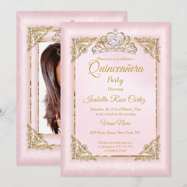 Quinceanera Blush Pink Damask photo Gold Tiara Invitation (Front/Back)