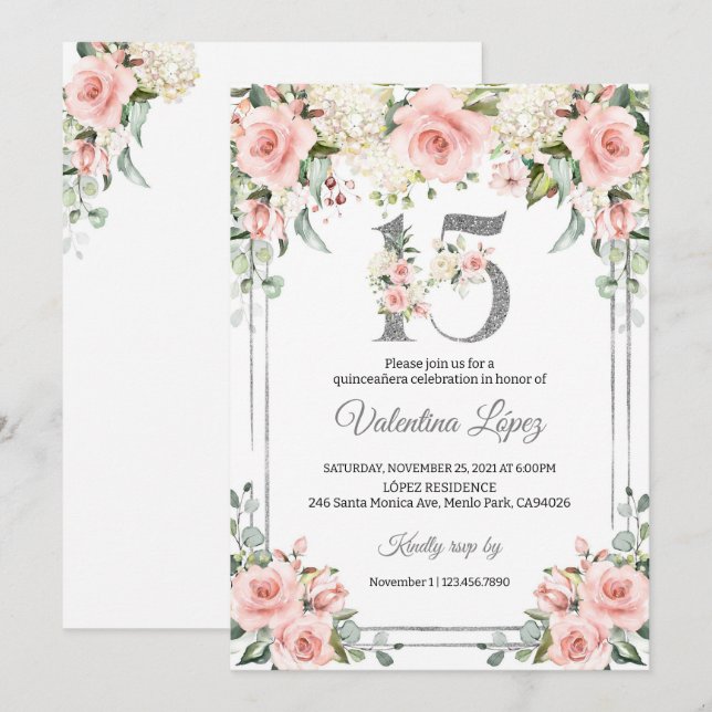 Quinceanera Blush Pink Floral 15th Birthday Invitation (Front/Back)