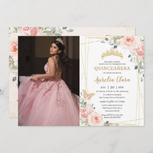 Quinceañera Blush Pink Floral Butterflies Photo Invitation