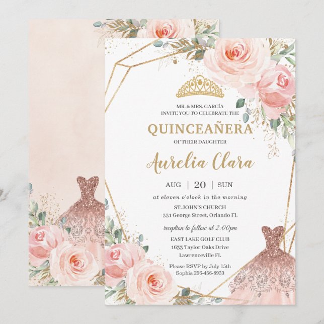 Quinceañera Blush Pink Floral Dress Birthday  Invi Invitation (Front/Back)