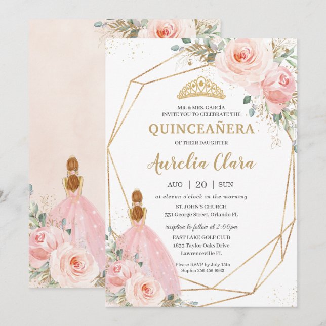 Quinceañera Blush Pink Floral Geometric Birthday  Invitation (Front/Back)