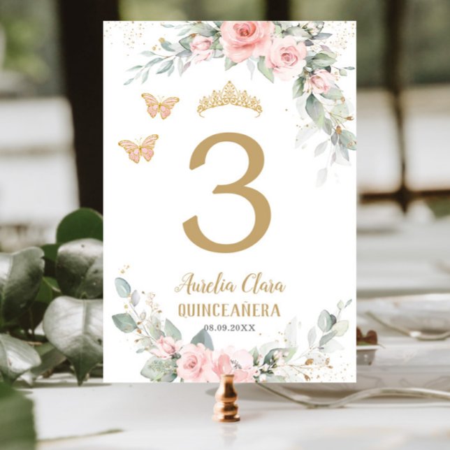Quinceañera Blush Pink Floral Gold Butterflies  Table Number (Creator Uploaded)