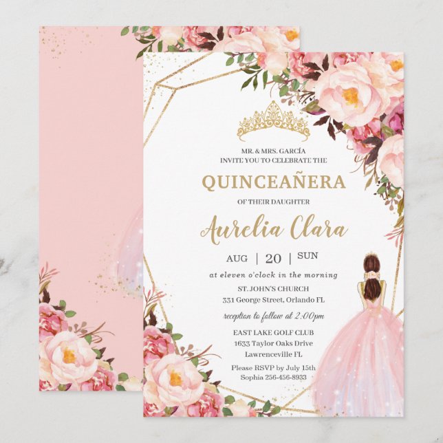 Quinceañera Blush Pink Floral Gold Princess  Invitation (Front/Back)