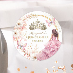 Quinceañera Blush Pink Floral Gold Tiara Butterfly Classic Round Sticker