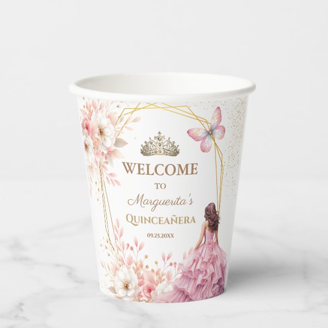 Quinceañera Blush Pink Floral Gold Tiara Butterfly Paper Cups (Front)