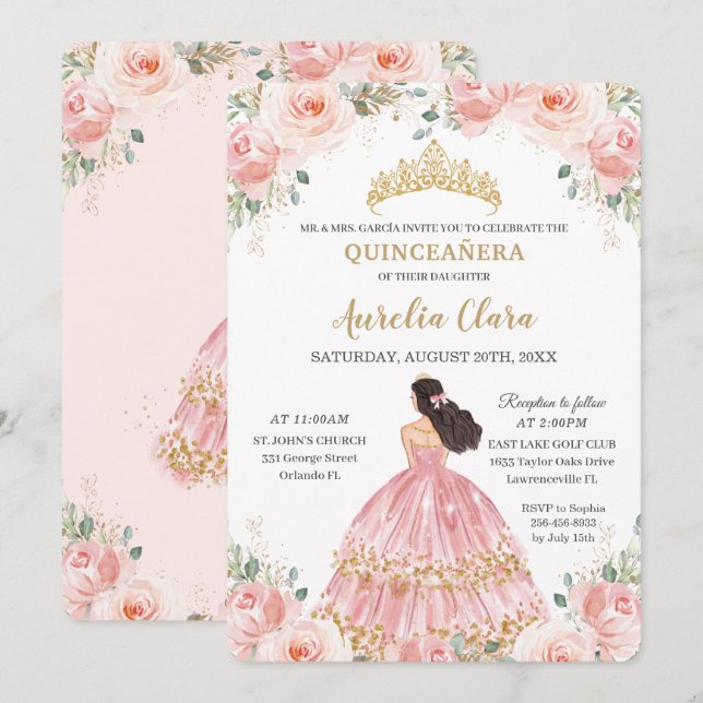 Quinceañera Blush Pink Floral Princess Birthday Invitation (Front/Back)