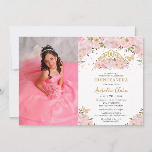 Quinceañera Blush Pink Floral Princess Crown Photo Invitation (Front)