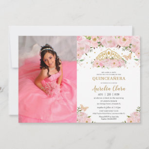 Quinceañera Blush Pink Floral Princess Crown Photo Invitation