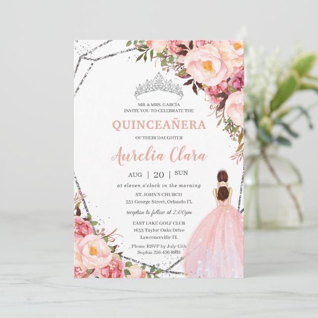 Quinceañera Blush Pink Floral Princess Silver Invi Invitation (Standing Front)