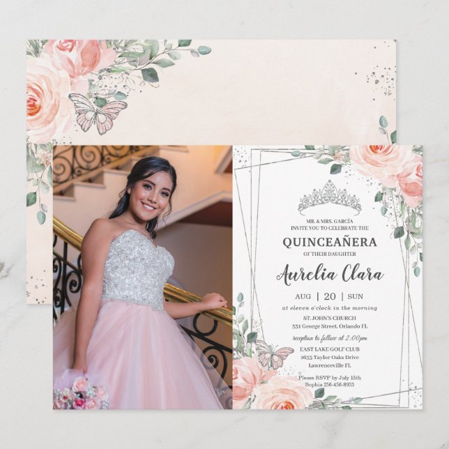 Quinceañera Blush Pink Floral Rose Butterfly Photo Invitation (Front/Back)