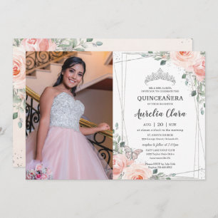 Quinceañera Blush Pink Floral Rose Butterfly Photo Invitation