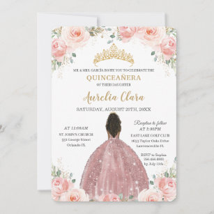Quinceañera Blush Pink Floral Rose Gold Brown Girl Invitation