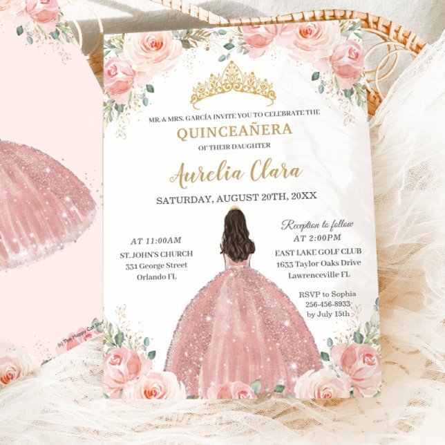Quinceañera Blush Pink Floral Rose Gold Princess Invitation (Creator Uploaded)