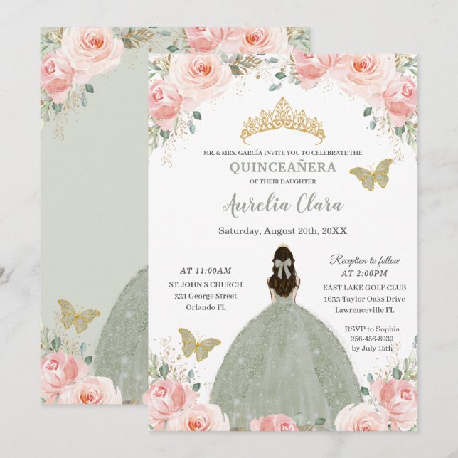 Quinceañera Blush Pink Floral Sage Green Princess Invitation (Front/Back)
