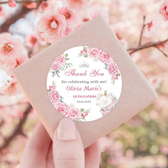 Quinceanera Blush Pink Floral Silver Crown  Classic Round Sticker (Creator Uploaded)