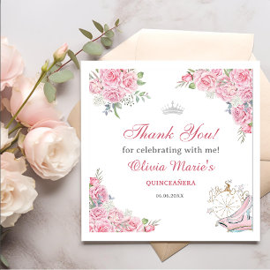 Quinceanera Blush Pink Floral Silver Crown Napkin