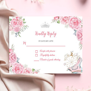 Quinceanera Blush Pink Floral Silver Crown  RSVP Card