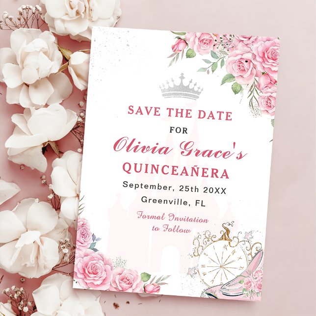 Quinceanera Blush Pink Floral Silver Crown Save The Date (Creator Uploaded)